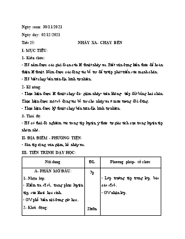 Kế hoạch bài dạy Giáo dục thể chất Lớp 9 - Tiết 25: Nhảy xa. Chạy bền - Năm học 2021-2022