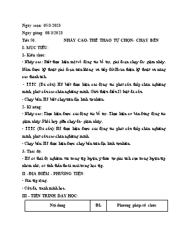 Kế hoạch bài dạy Giáo dục thể chất Lớp 9 - Tiết 50: Nhảy cao. Thể thao tự chọn. Chạy bền - Năm học 2023-2024 - Lê Thị Lan