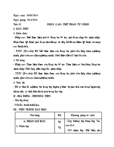 Kế hoạch bài dạy Giáo dục thể chất Lớp 9 - Tiết 53: Nhảy cao. Thể thao tự chọn - Năm học 2023-2024