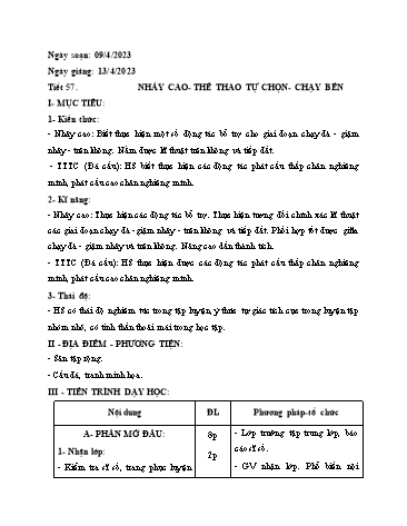 Kế hoạch bài dạy Giáo dục thể chất Lớp 9 - Tiết 57: Nhảy cao. Thể thao tự chọn. Chạy bền - Năm học 2022-2023 - Lê Thị Lan