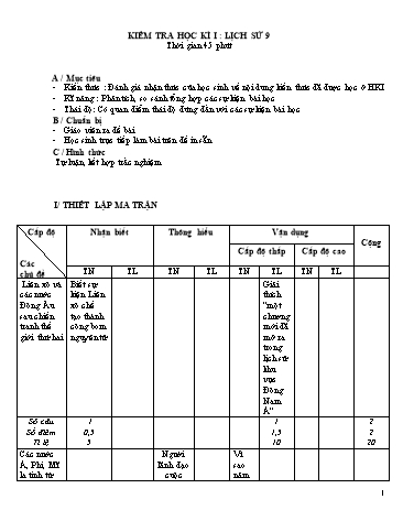 Kiểm tra học kì 1 Lịch sử Lớp 9 - Trường THCS Xuân Hòa (Có ma trận và đáp án)