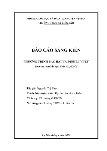 Sáng kiến kinh nghiệm Phương trình bậc hai và định lí Vi-et
