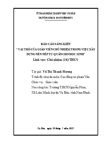 Sáng kiến kinh nghiệm Vai trò của giáo viên chủ nhiệm trong việc xây dựng nền nếp tự quản cho học sinh