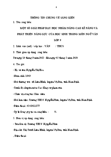 SKKN Một số giải pháp dạy học nhằm nâng cao kĩ năng và phát triển năng lực của học sinh trong môn Ngữ văn Lớp 9