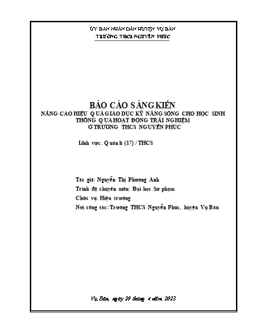 SKKN Nâng cao hiệu quả giáo dục kỹ năng sống cho học sinh thông qua hoạt động trải nghiệm ở trường THCS Nguyễn Phúc
