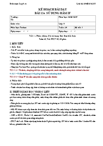 Kế hoạch bài dạy Tin Học Lớp 9 - Bài 12a. Sử dụng hàm if - Năm học 2026-2027 (Tích hợp Năng lực số và AI)