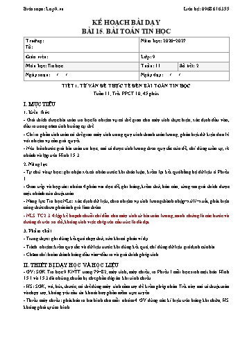 Kế hoạch bài dạy Tin Học Lớp 9 - Bài 15. Bài toán tin học - Năm học 2026-2027 (Tích hợp Năng lực số và AI)