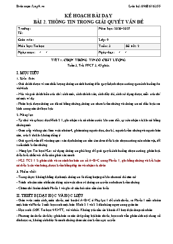 Kế hoạch bài dạy Tin Học Lớp 9 - Bài 2. Thông tin trong giải quyết vấn đề - Năm học 2026-2027 (Tích hợp Năng lực số và AI)
