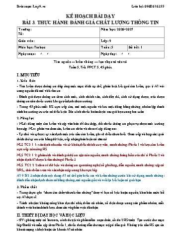 Kế hoạch bài dạy Tin Học Lớp 9 - Bài 3. Thực hành: Đánh giá chất lượng thông tin - Năm học 2026-2027 (Tích hợp Năng lực số và AI)