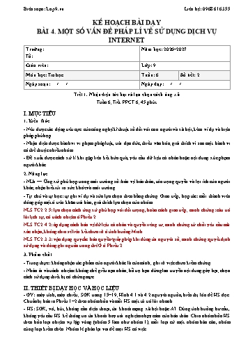 Kế hoạch bài dạy Tin Học Lớp 9 - Bài 4. Một số vấn đề pháp lí về sử dụng dịch vụ Internet - Năm học 2026-2027 (Tích hợp Năng lực số và AI)
